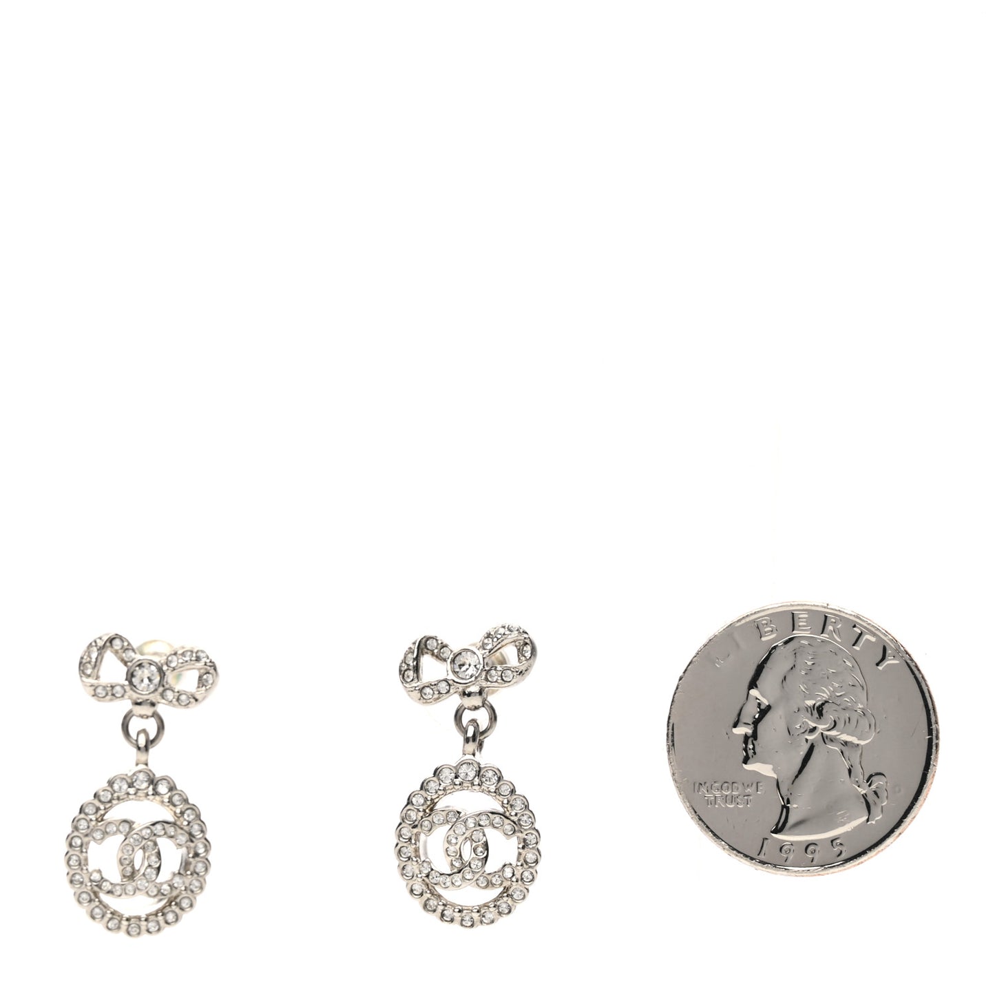 Crystal CC Bow Round Drop Earrings Silver