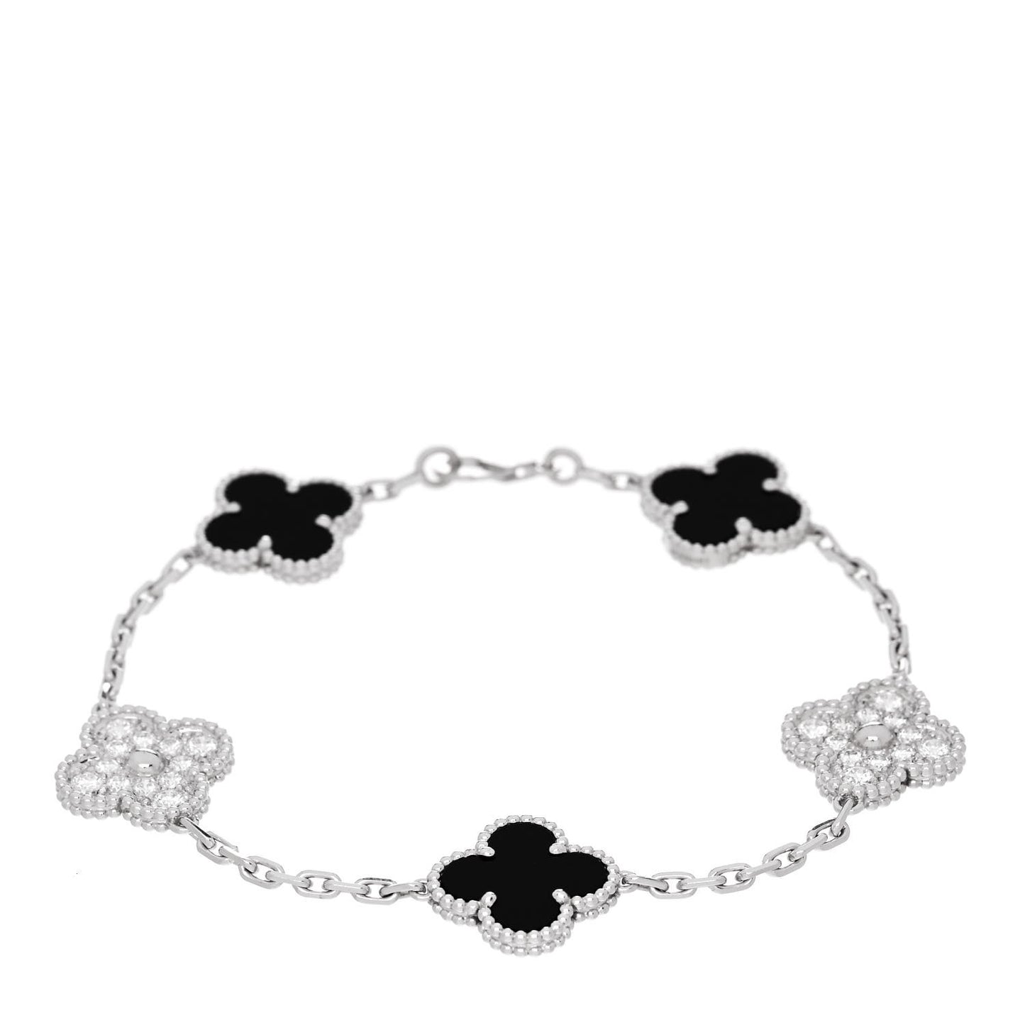 18K White Gold Diamond Black Onyx 5 Motifs Vintage Alhambra Bracelet
