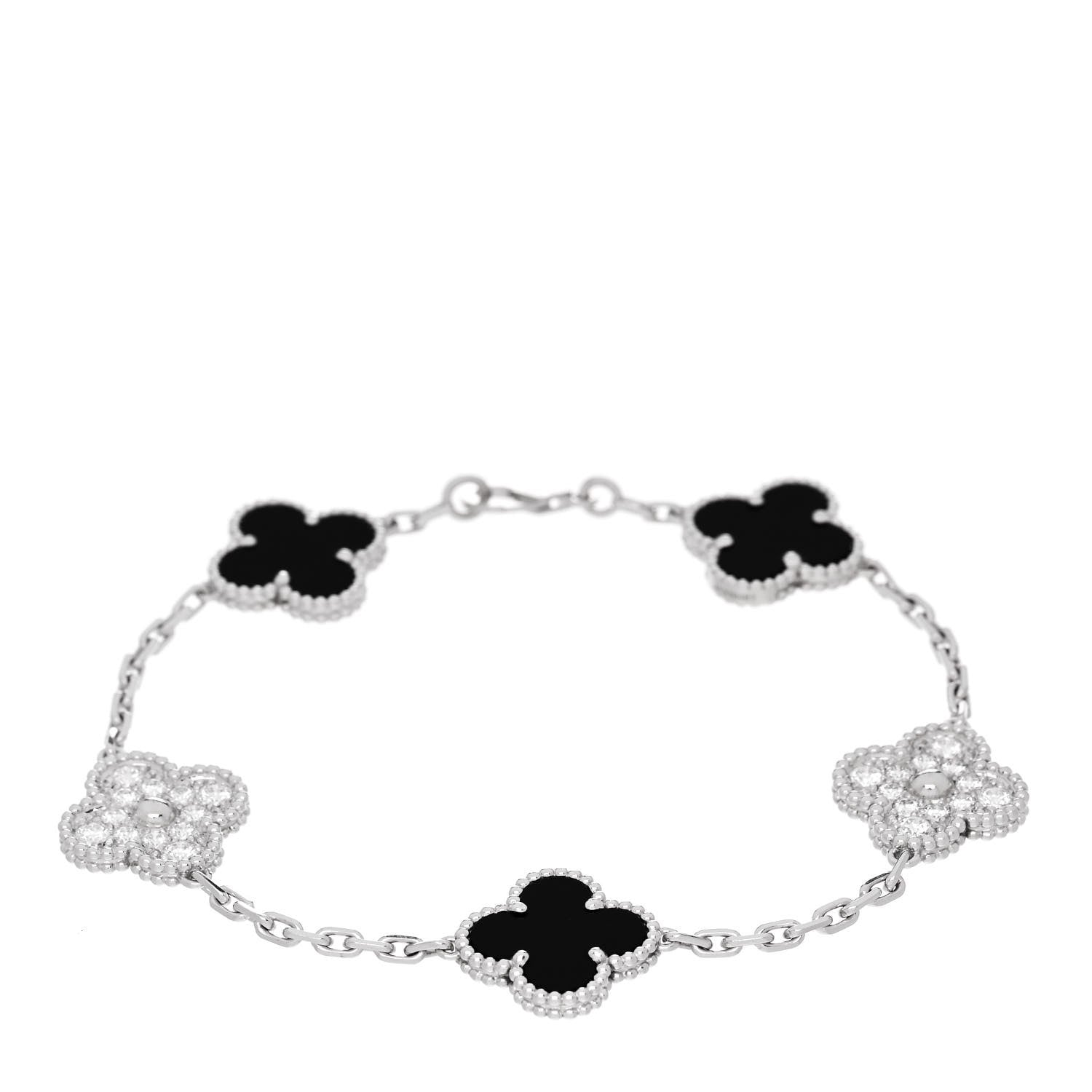 Van Cleef & Arpels 18K White Gold Diamond Black Onyx 5 Motifs Vintage Alhambra Bracelet 1 of 4