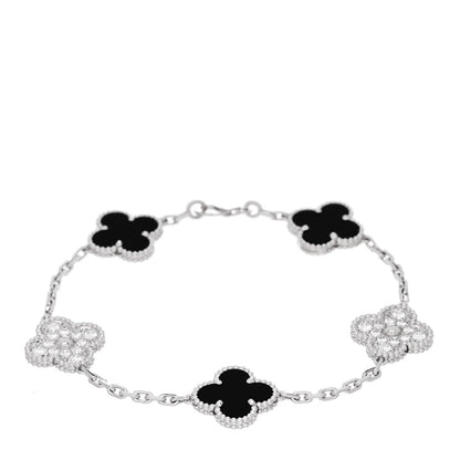 Van Cleef & Arpels 18K White Gold Diamond Black Onyx 5 Motifs Vintage Alhambra Bracelet 1 of 4