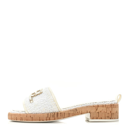 Chanel Tweed Cork CC Chain Mule Sandal 36.5 White 1 of 10