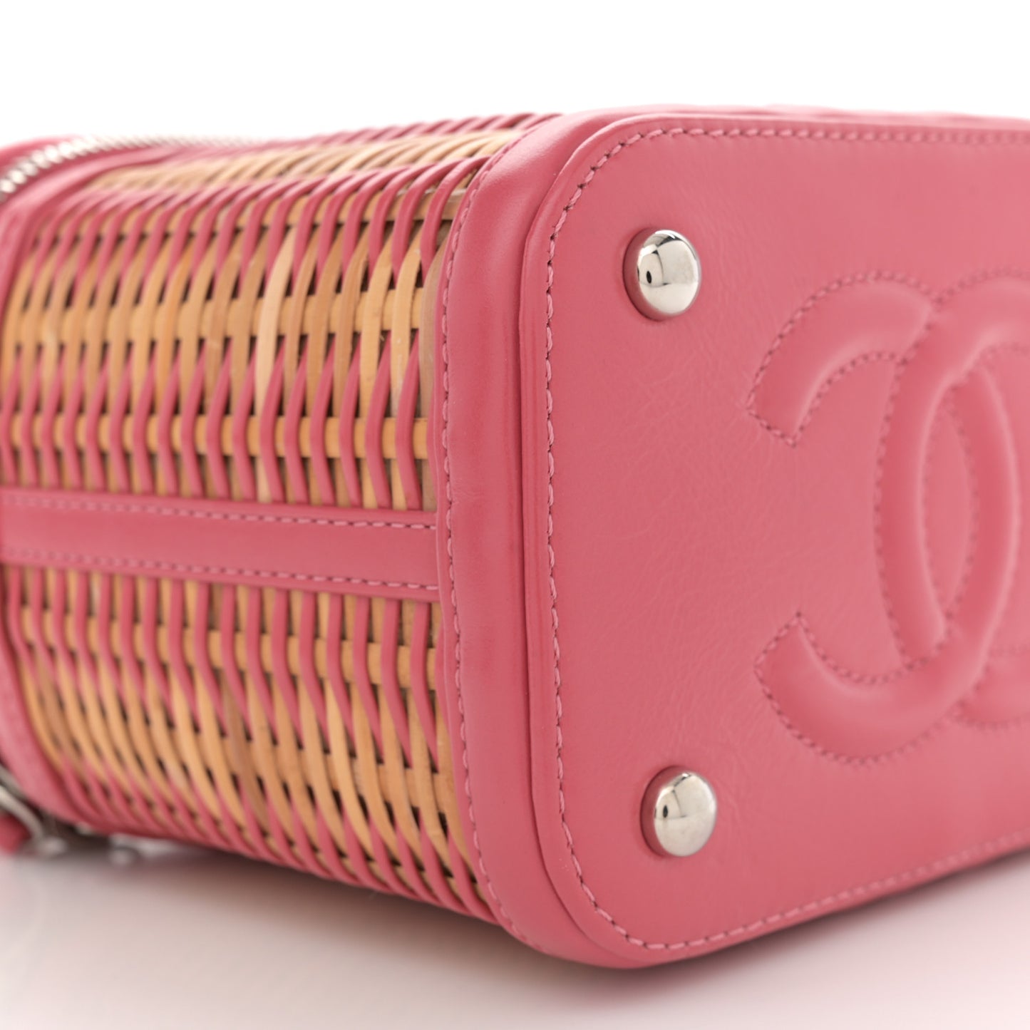 Calfskin Raffia Small Take Away Vanity Case Bag Pink Beige