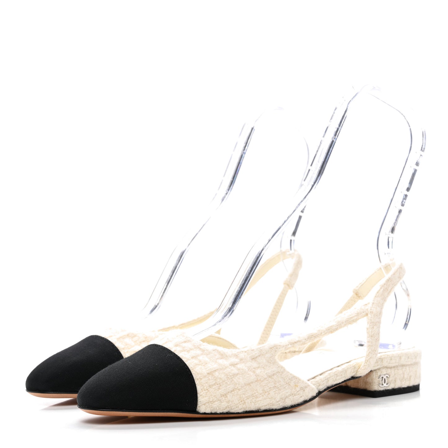 Wool Tweed Grosgrain Cap Toe CC Slingback Flat 38 Ivory Black