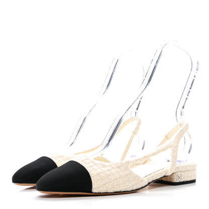 Chanel Wool Tweed Grosgrain Cap Toe CC Slingback Flat 38 Ivory Black 4 of 11