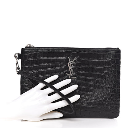 Saint Laurent Calfskin Crocodile Embossed Monogram Zip Pouch Black 2 of 7