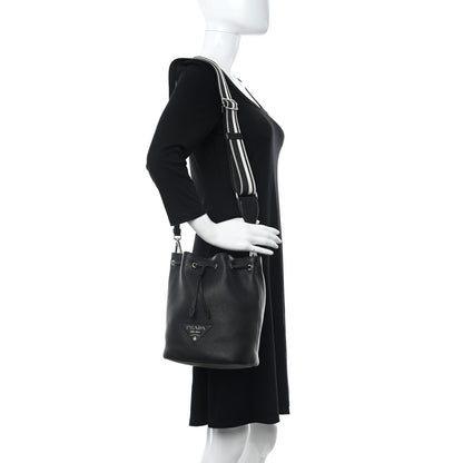 Prada Vitello Daino Soft Drawstring Bucket Bag Black 2 of 11
