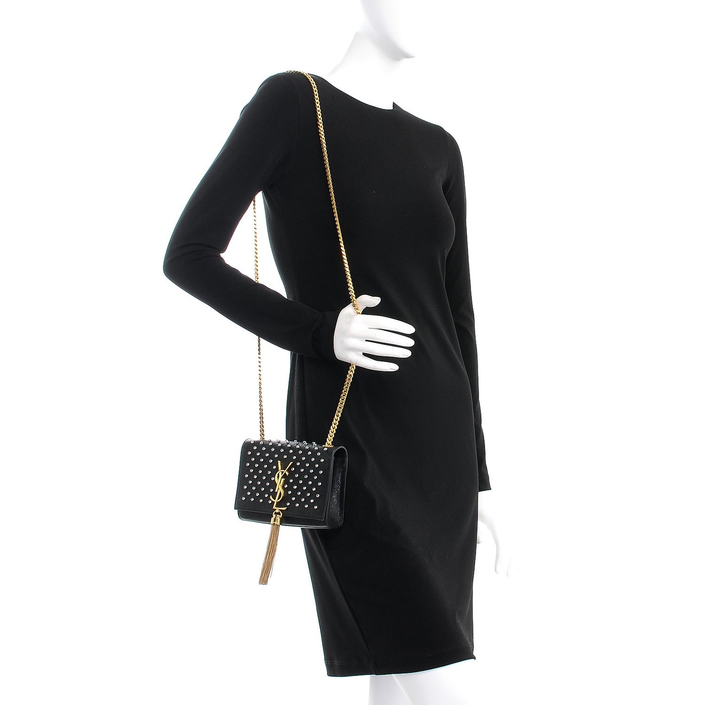 Calfskin Crystal Studded Small Classic Monogram Kate Tassel Satchel Black