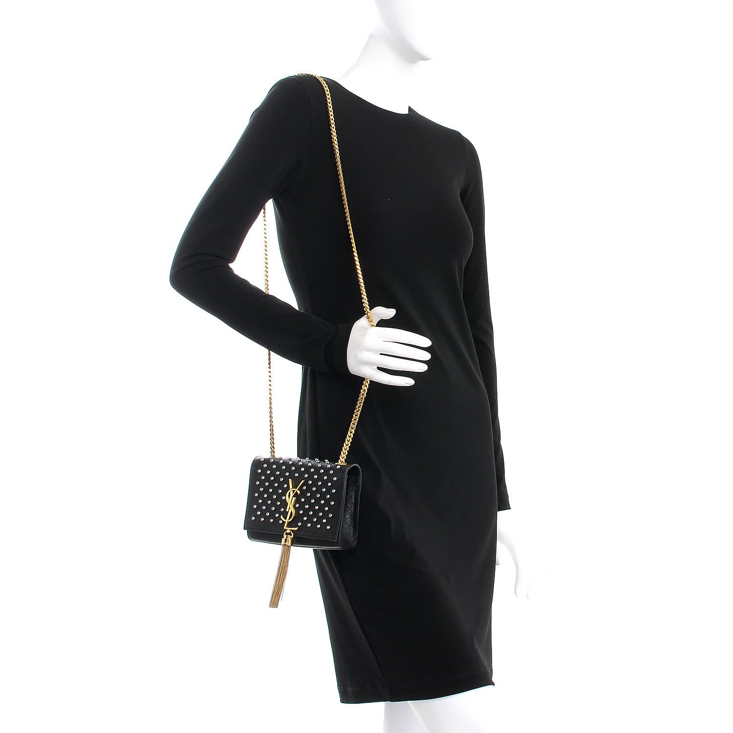 Saint Laurent Calfskin Crystal Studded Small Classic Monogram Kate Tassel Satchel Black 2 of 7
