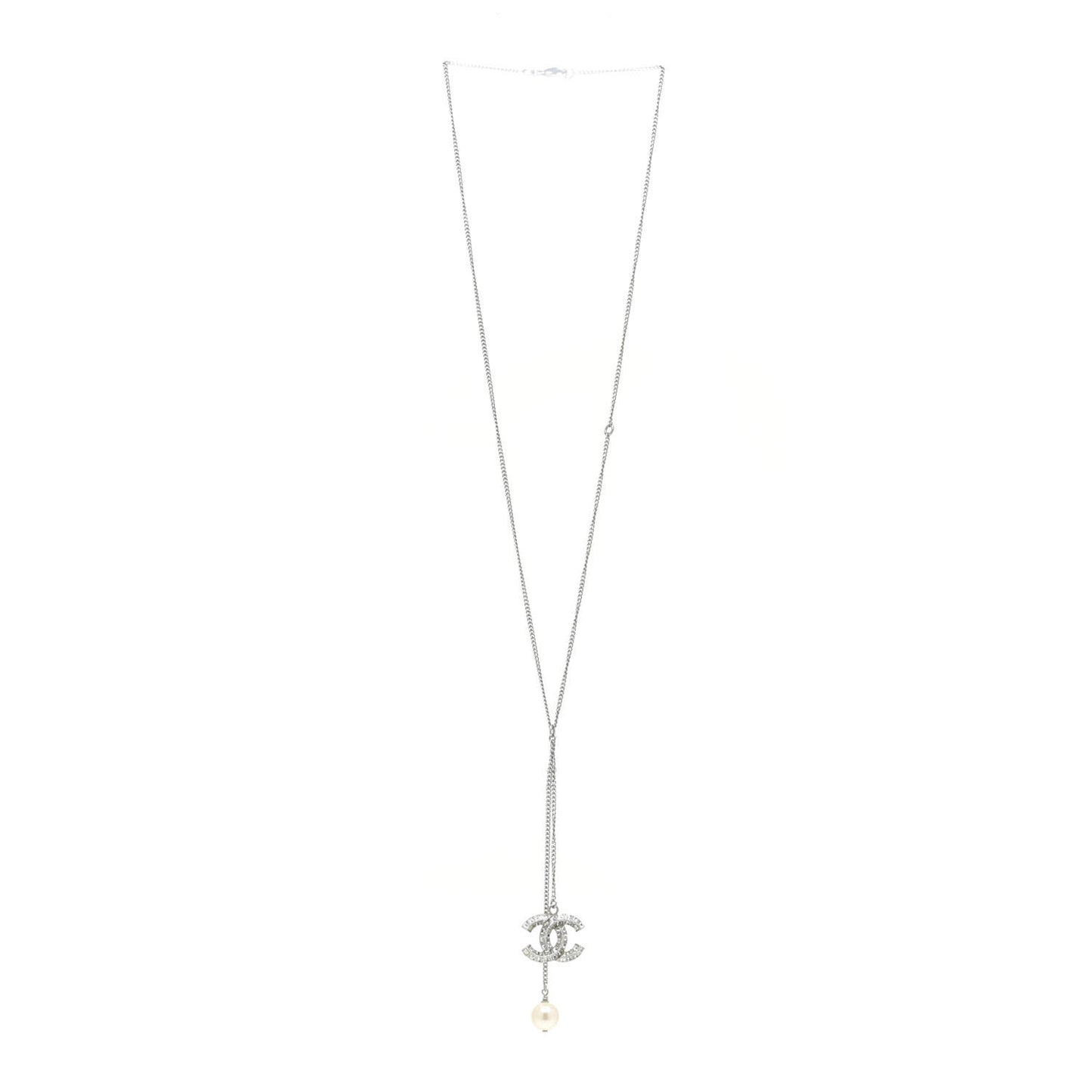 Baguette Crystal Pearl CC Lariat Necklace Silver