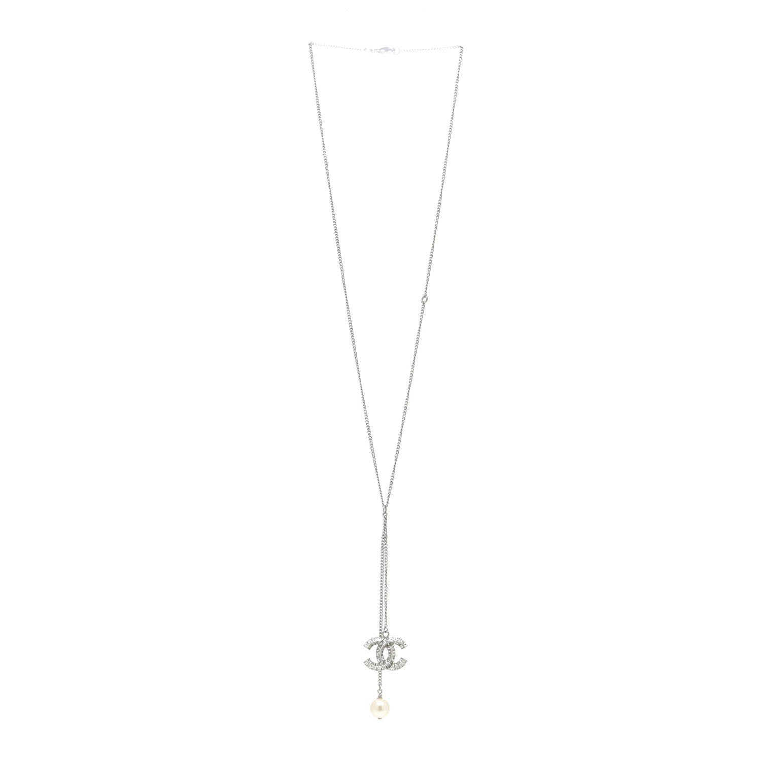 Chanel Baguette Crystal Pearl CC Lariat Necklace Silver 3 of 6