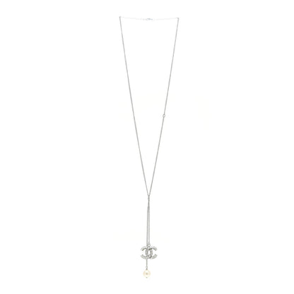 Chanel Baguette Crystal Pearl CC Lariat Necklace Silver 3 of 6