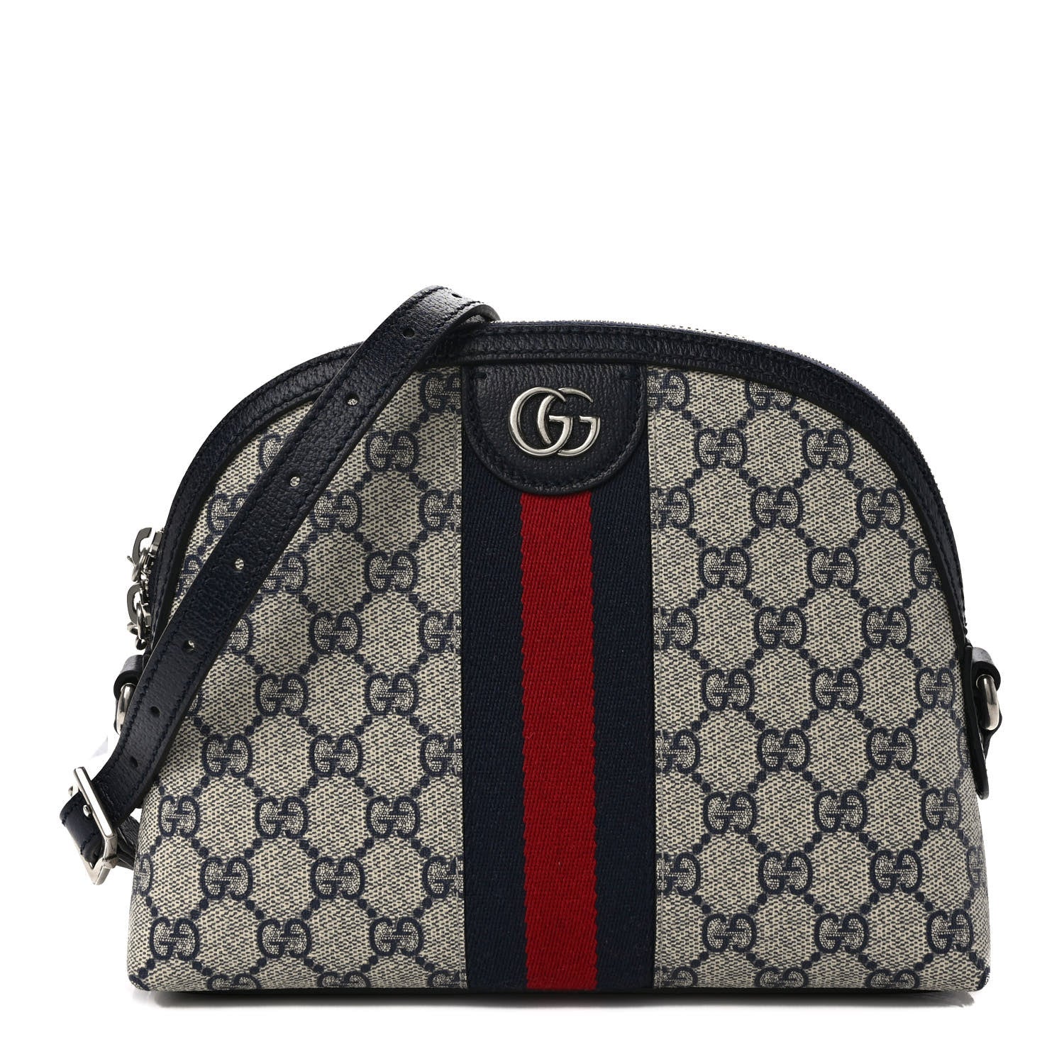 Gucci GG Supreme Monogram Textured Dollar Calfskin Web Small Ophidia Dome Shoulder Bag Beige Blue 1 of 8