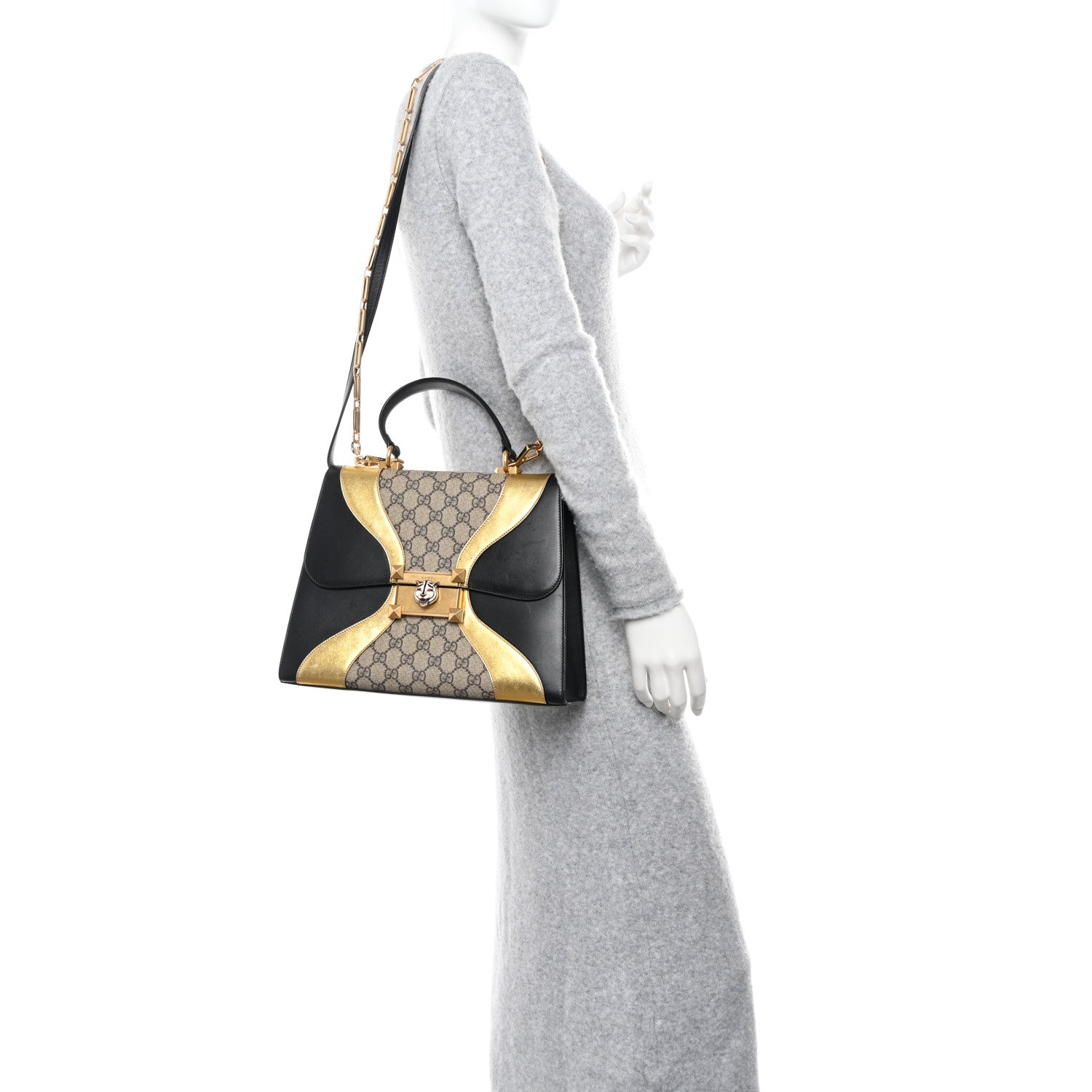 Gucci Nappa GG Supreme Monogram Medium Osiride Top Handle Bag Black Oro Vecchio Beige Ebony 2 of 18