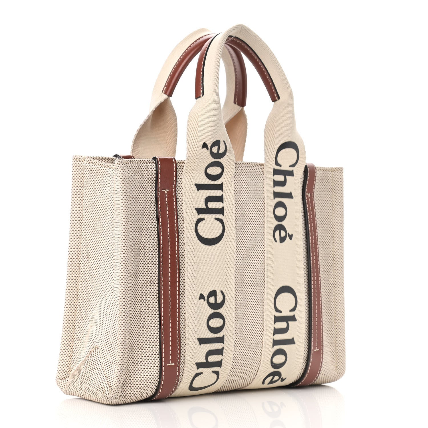 Chloe Cotton Calfskin Small Woody Ribbon Tote White Brown 3 of 9