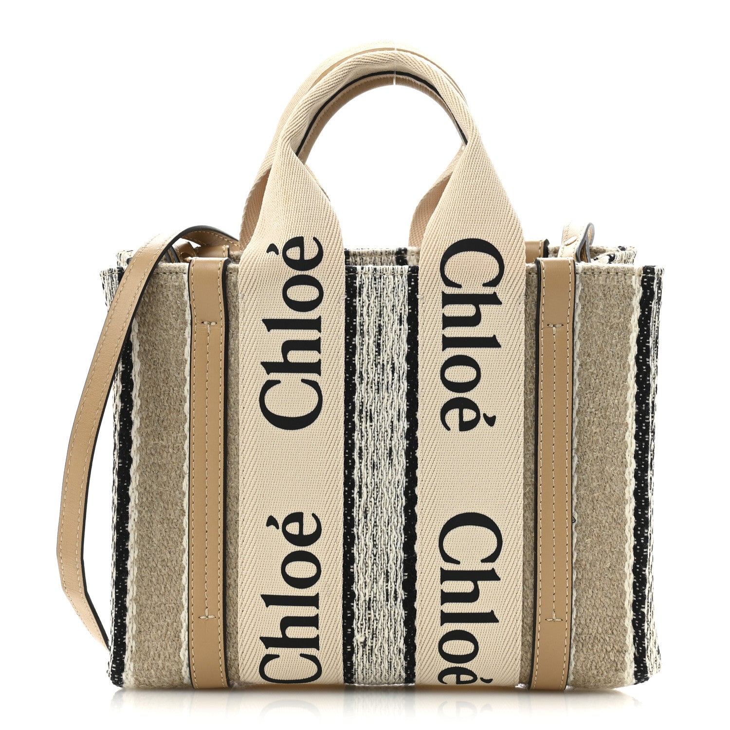 Chloe Cotton Calfskin Small Woody Ribbon Tote With Strap Soft Tan 1 of 11