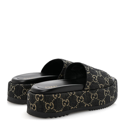 Gucci Jacquard Black Denim GG Monogram Angelina Platform 55mm Slide Sandals 36.5 Black Ivory 5 of 10