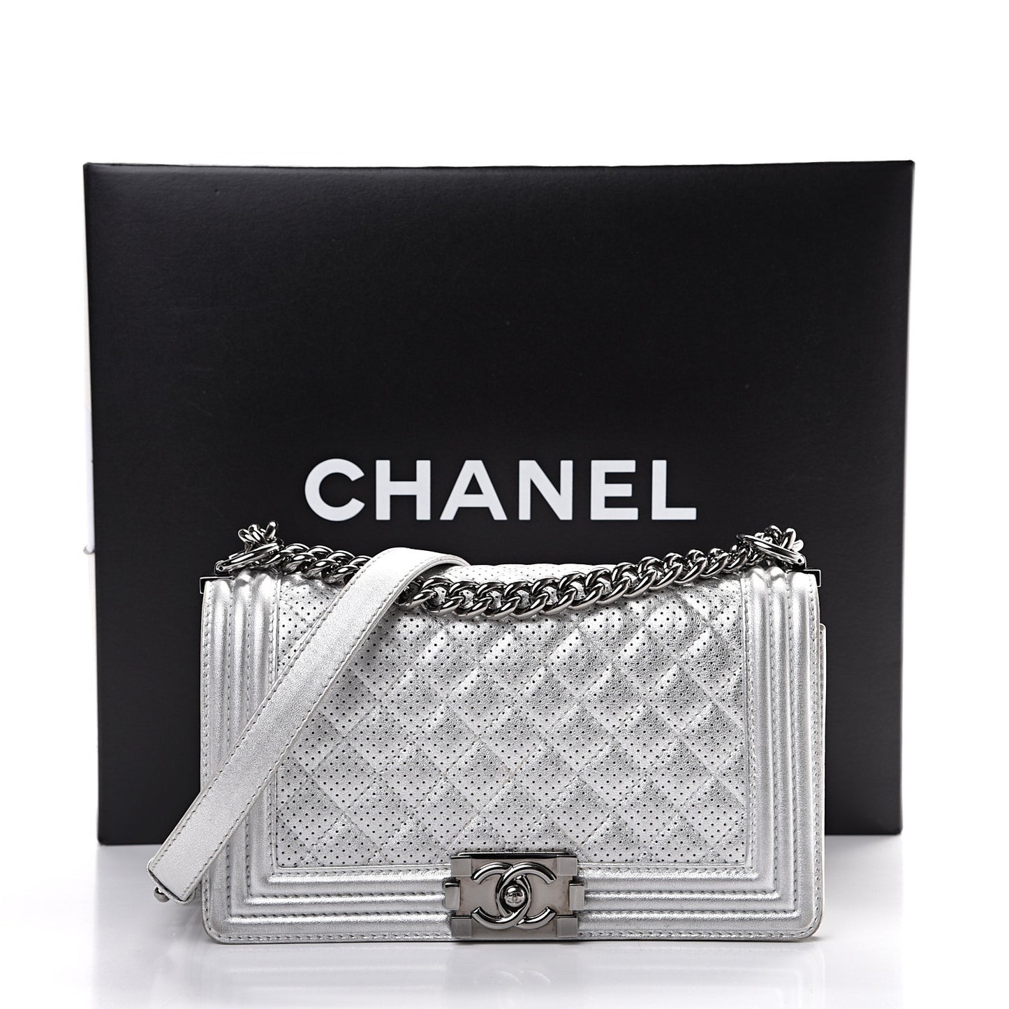 Metallic Perforated Lambskin Quilted Medium Boy Flap Argent