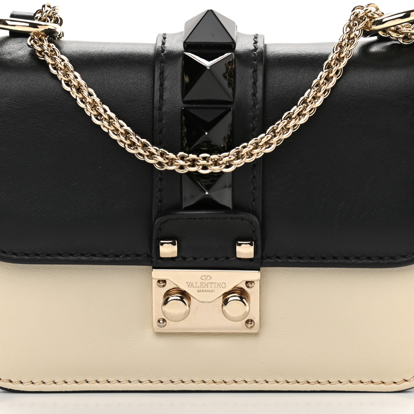 Vitello Mini Glam Lock Rockstud Flap Black Light Ivory