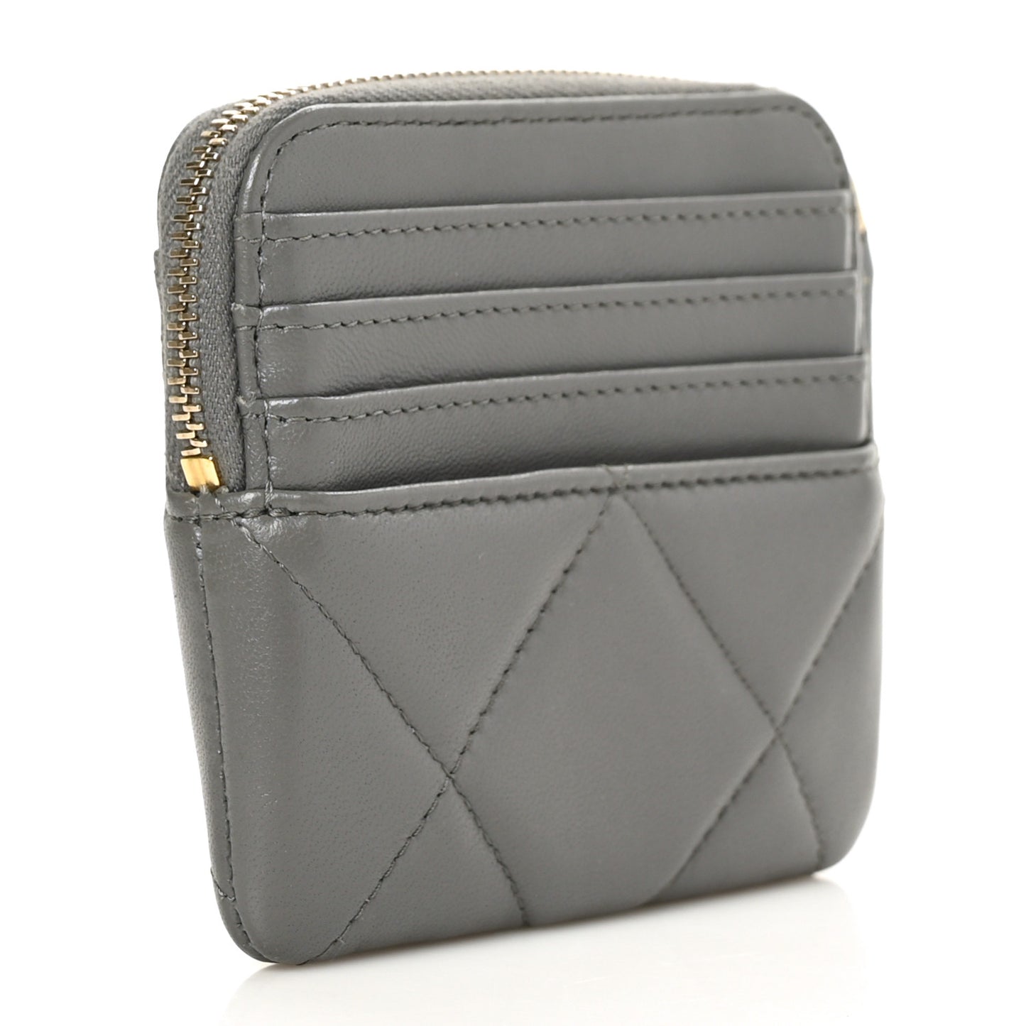 Lambskin Quilted Chanel 19 Zip Card Holder Wallet Grey