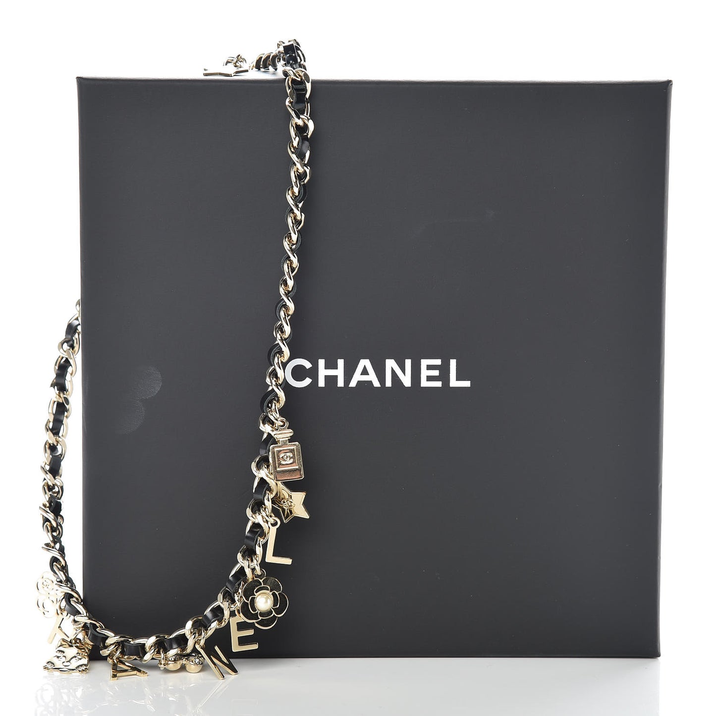Glazed Calfskin Crystal Pearl Charm Short Necklace Black Gold