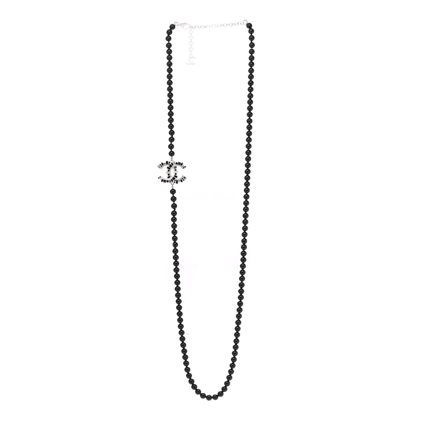 Baguette Crystal Beaded CC Long Necklace Black Silver