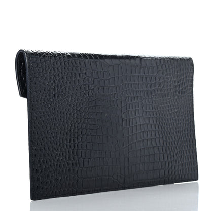 Saint Laurent Calfskin Crocodile Embossed Uptown Monogram Clutch Deep Marine 3 of 6