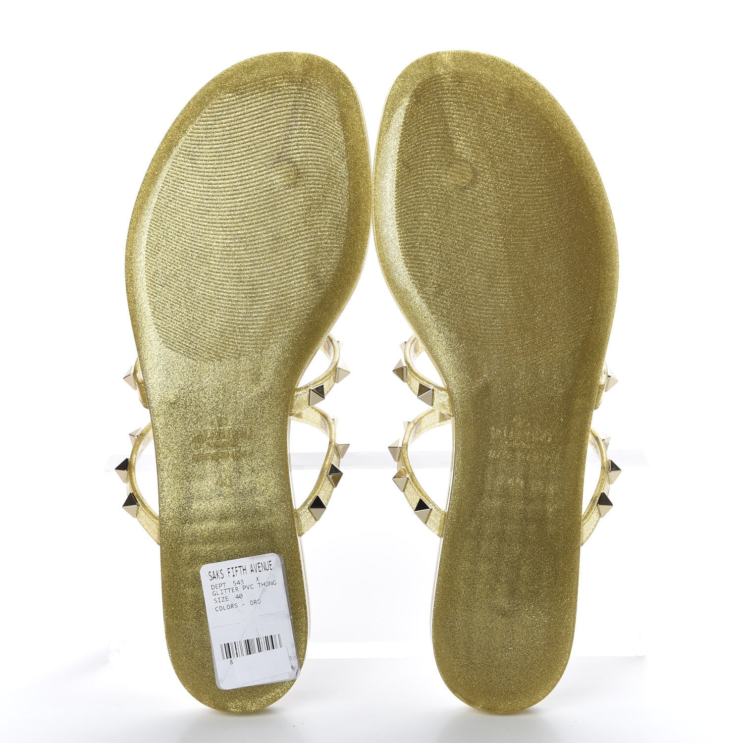 Valentino Garavani PVC Jelly Glitter Rockstud Caged Flat Thong Sandals 40 Oro 5 of 9