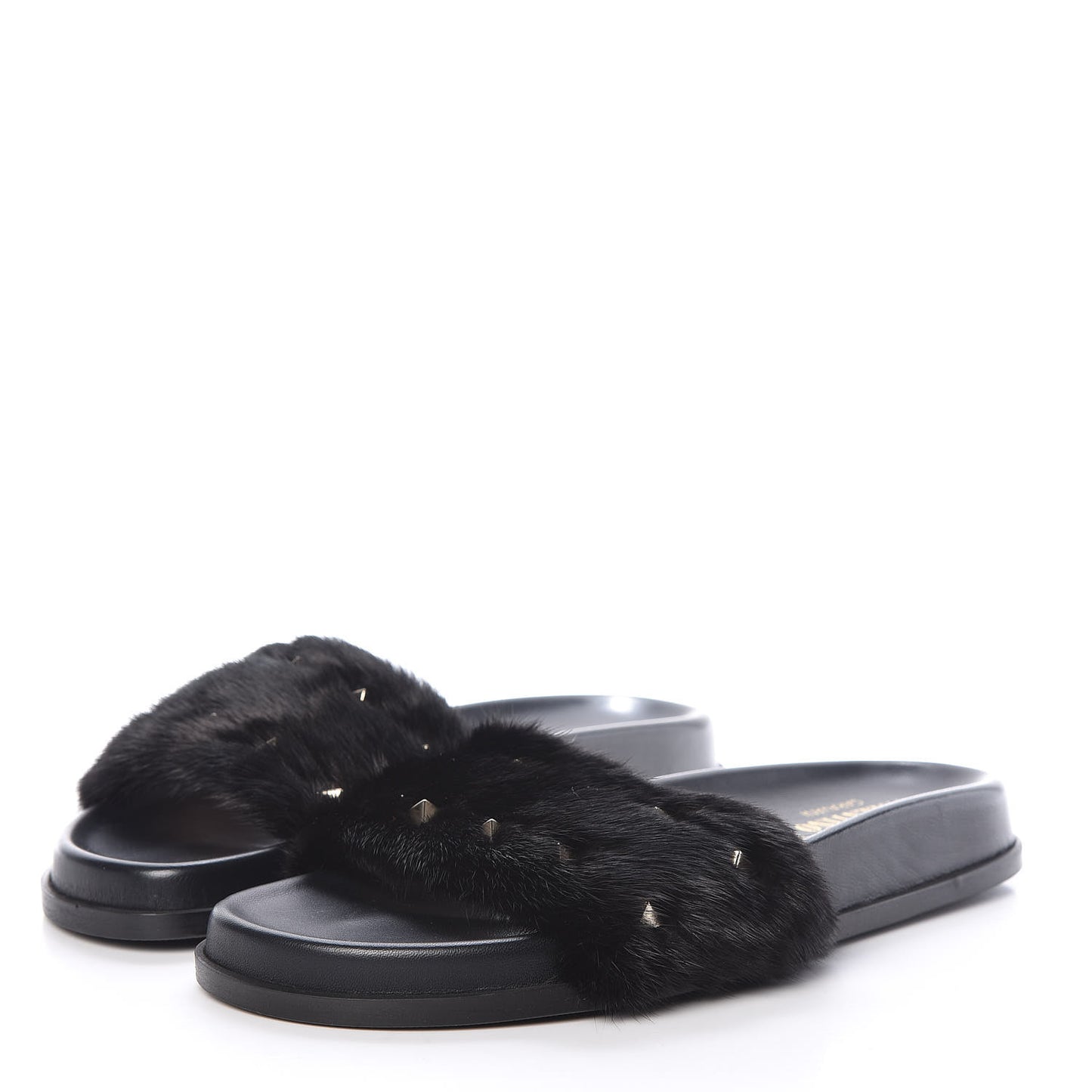 Mink Fur Rockstud Slide Sandals 38 Black