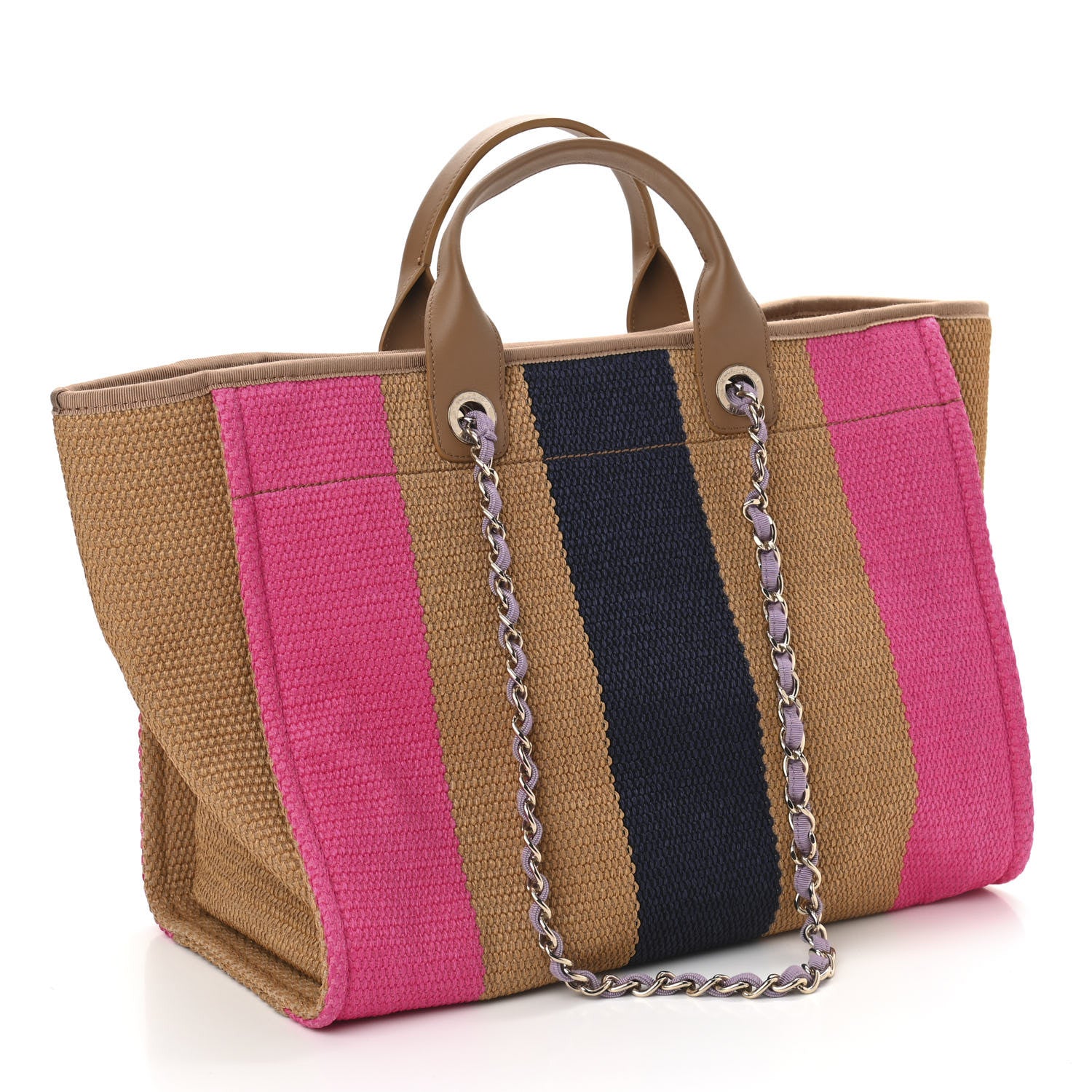 Chanel Straw Raffia Calfskin Striped Large Deauville Tote Dark Beige Fuchsia Navy Blue 2 of 9