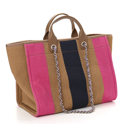 Chanel Straw Raffia Calfskin Striped Large Deauville Tote Dark Beige Fuchsia Navy Blue 2 of 9