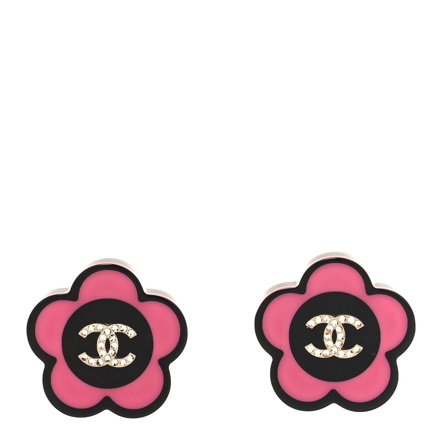 Resin Crystal CC Camellia Earrings Black Pink