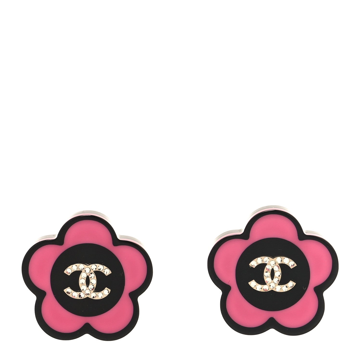 Chanel Resin Crystal CC Camellia Earrings Black Pink 1 of 5