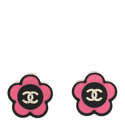 Chanel Resin Crystal CC Camellia Earrings Black Pink 1 of 5