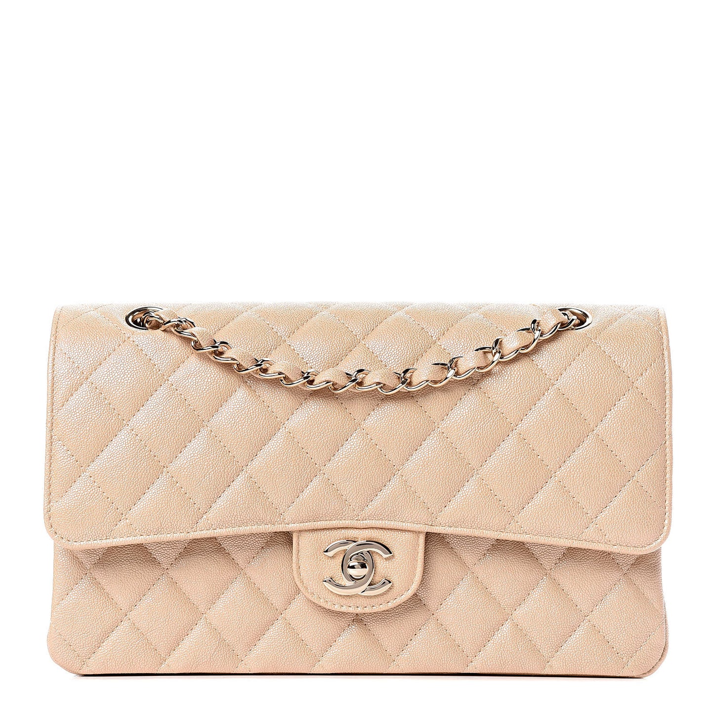 Iridescent Caviar Quilted Medium Double Flap Beige