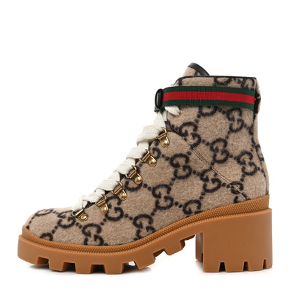 Gucci Covered Wool Big GG Monogram Womens Lace Up Combat Ankle Boots 38.5 Beige Ebony Cocoa 1 of 7