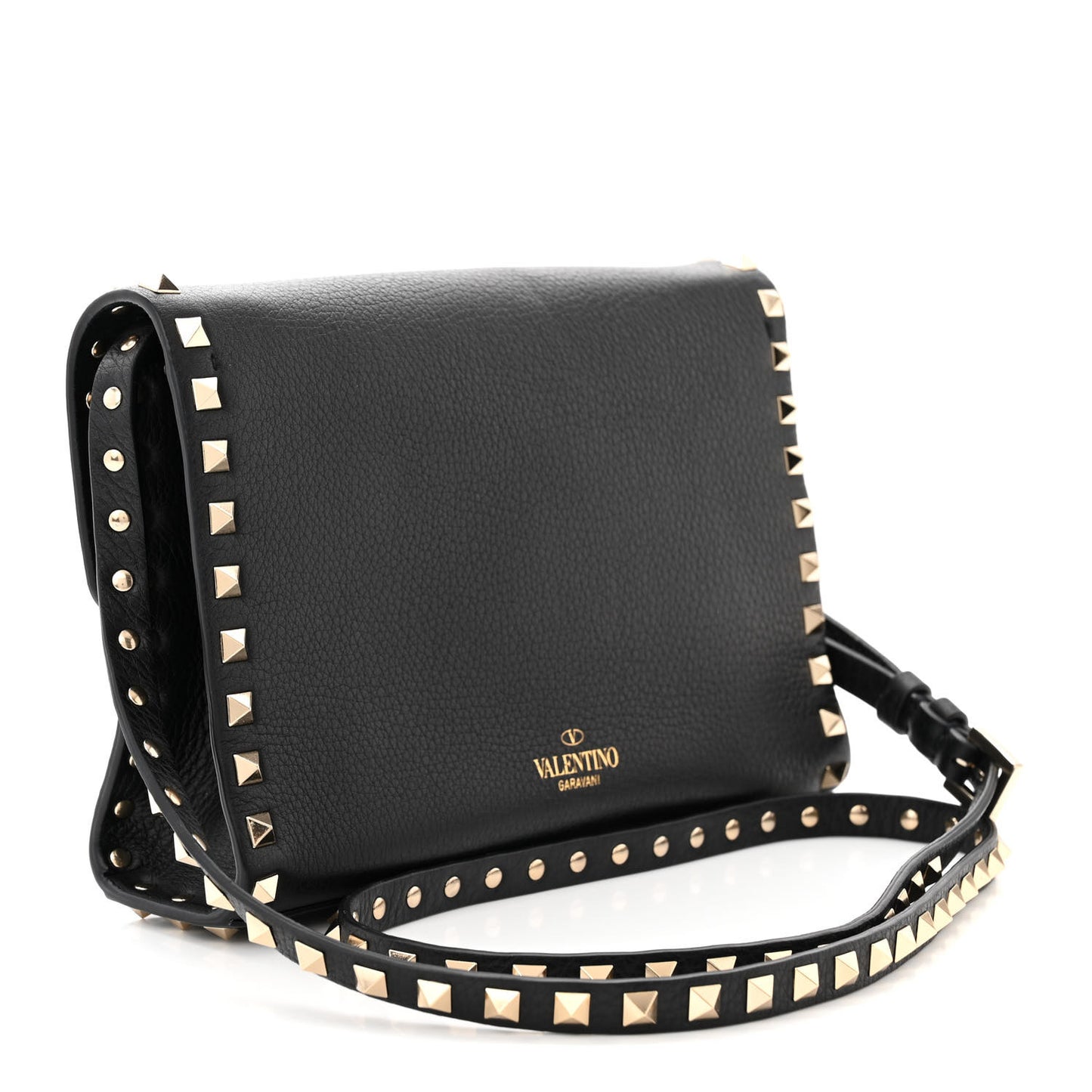 Pebbled Calfskin Medium Rockstud Flip Lock Crossbody Bag Black