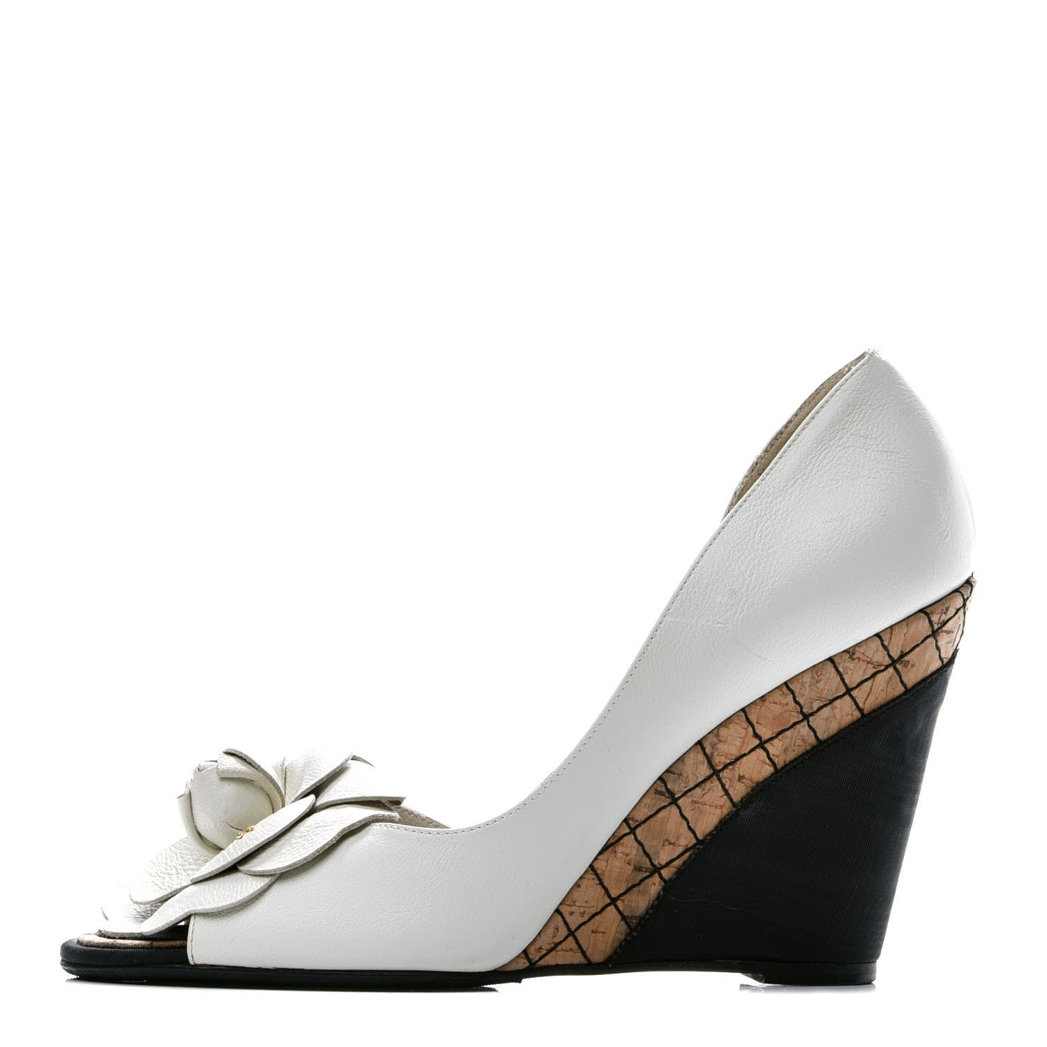 Chanel Lambskin Grosgrain Camellia Wedge Sandals 40 White Black 1 of 9