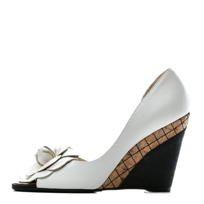 Chanel Lambskin Grosgrain Camellia Wedge Sandals 40 White Black 1 of 9