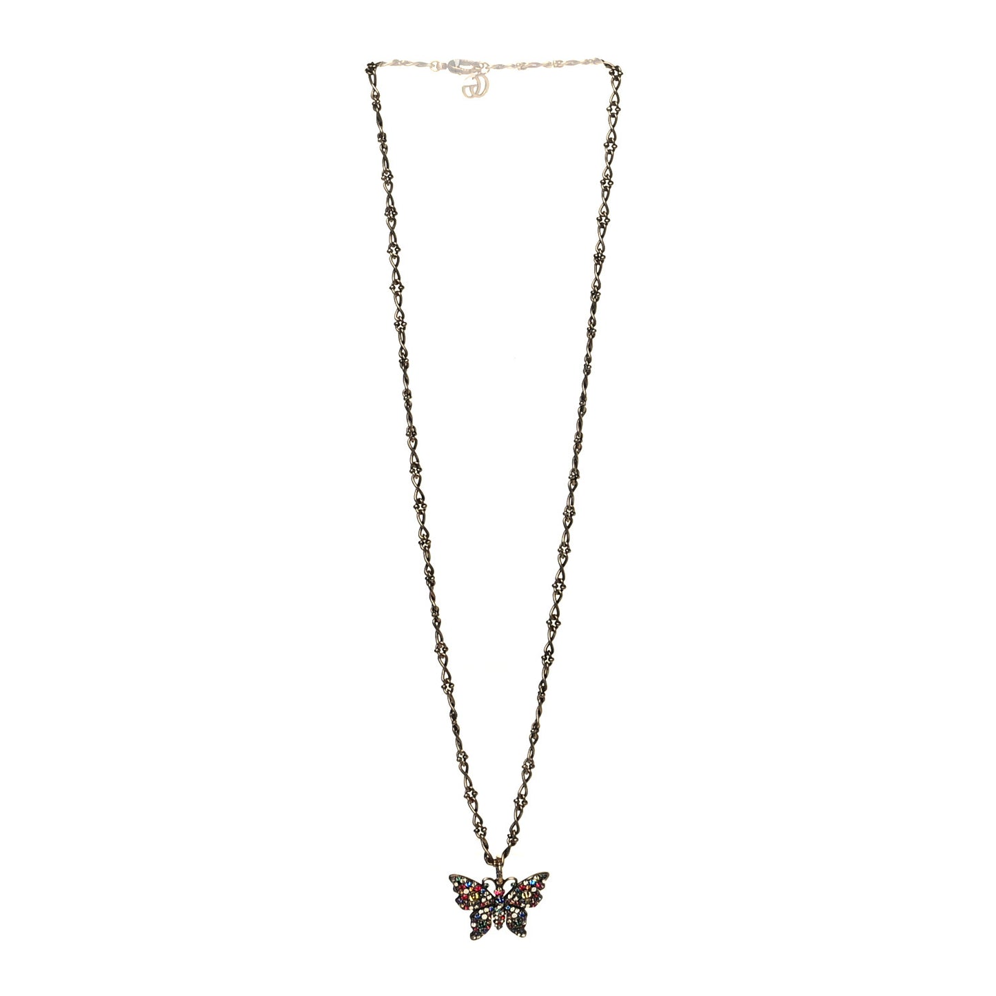 Metal Crystal Butterfly Necklace Aged Gold Multicolor