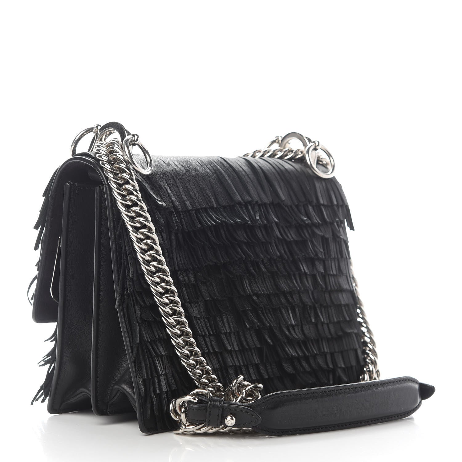 Fendi Smooth Calfskin Monster Eyes Fringe Studded Small Kan I Shoulder Bag Black 3 of 12