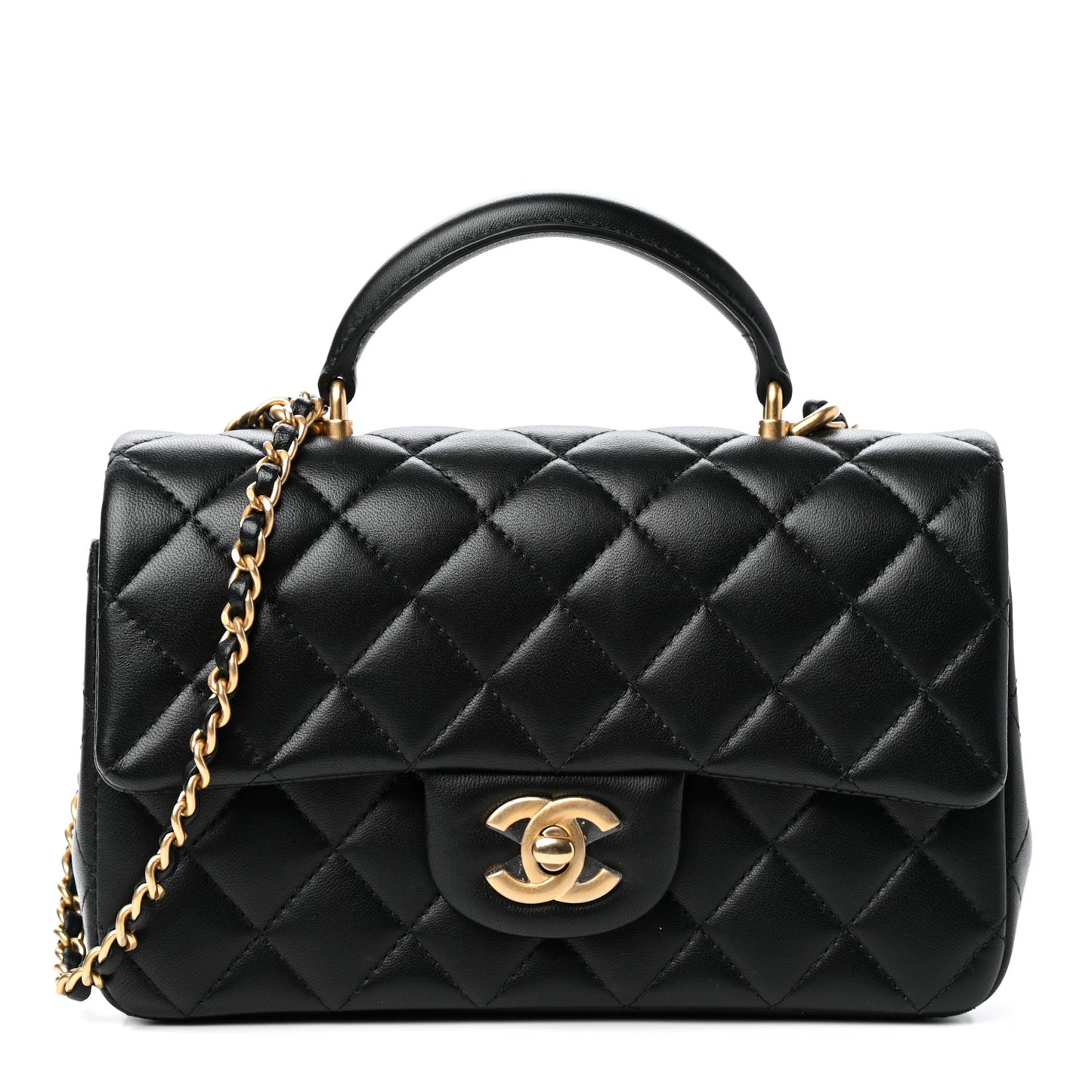 Lambskin Quilted Mini Top Handle Rectangular Flap Black