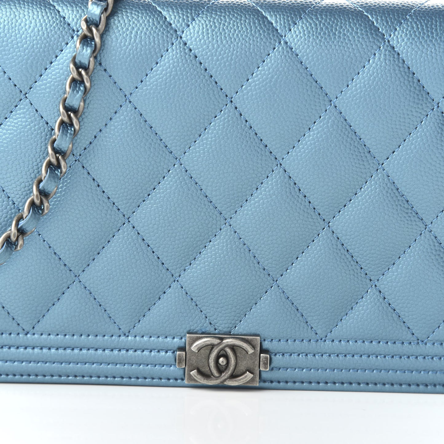 Metallic Caviar Quilted Boy Wallet On Chain WOC Turquoise