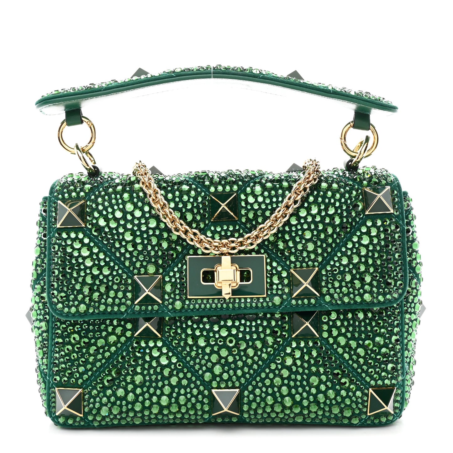 Crystal Suede Enamel Medium Roman Stud Shoulder Bag Green