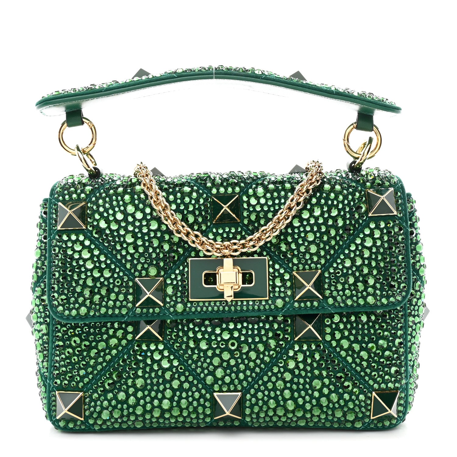 Valentino Garavani Crystal Suede Enamel Medium Roman Stud Shoulder Bag Green 1 of 11