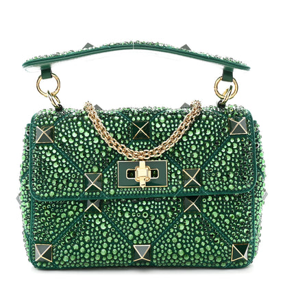 Valentino Garavani Crystal Suede Enamel Medium Roman Stud Shoulder Bag Green 1 of 11