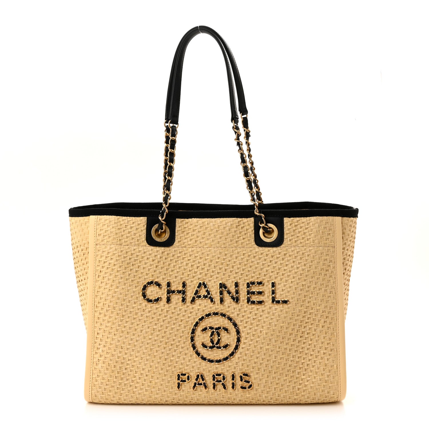 Chanel Straw Raffia Calfskin Chain Small Deauville Tote Beige Black 1 of 10