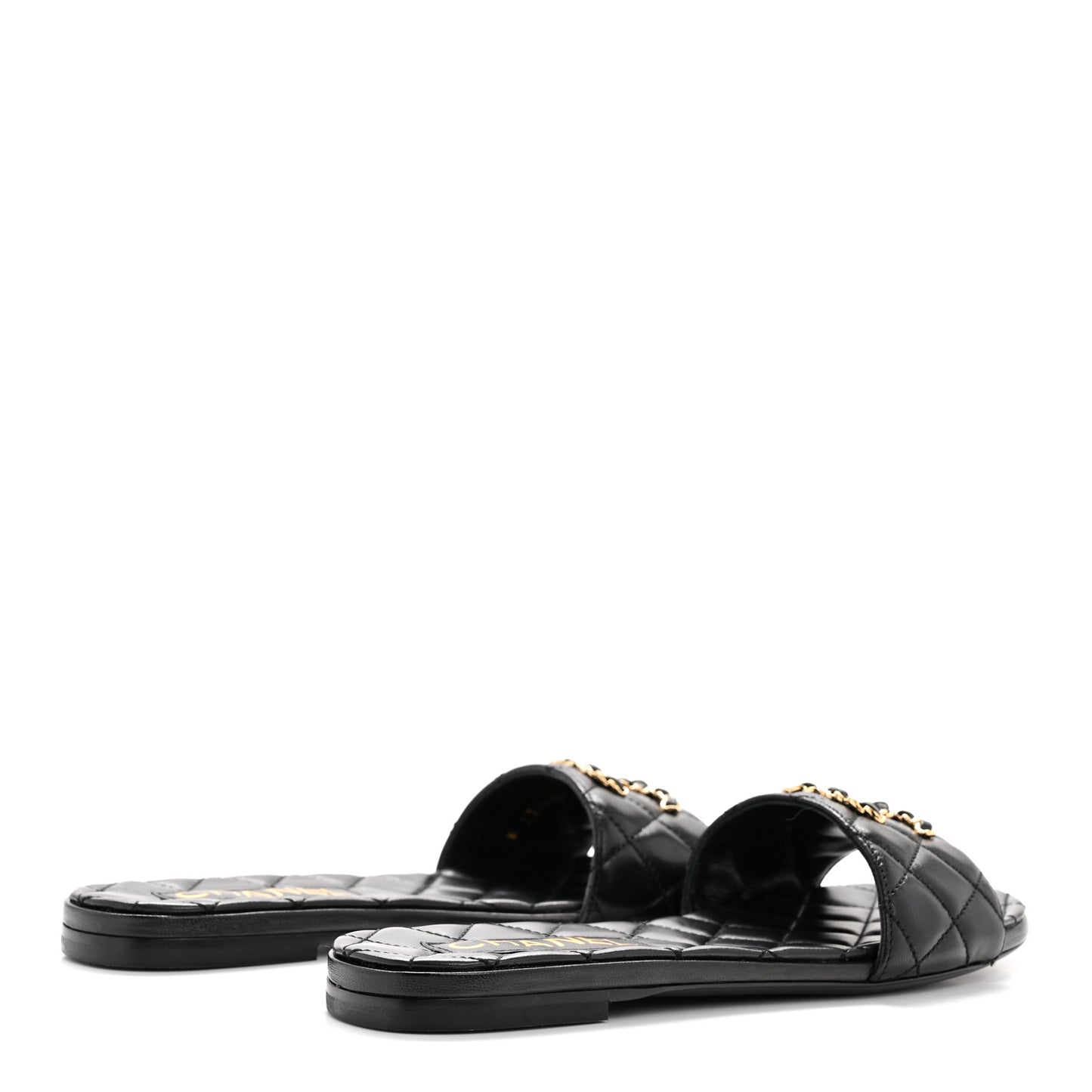 Shiny Goatskin Quilted CC Mules Sandals 36.5 Black