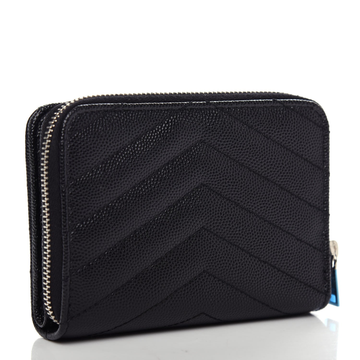 Saint Laurent Grain De Poudre Matelasse Chevron Monogram Compact Zip Around Wallet Black 3 of 9