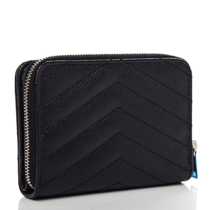 Saint Laurent Grain De Poudre Matelasse Chevron Monogram Compact Zip Around Wallet Black 3 of 9