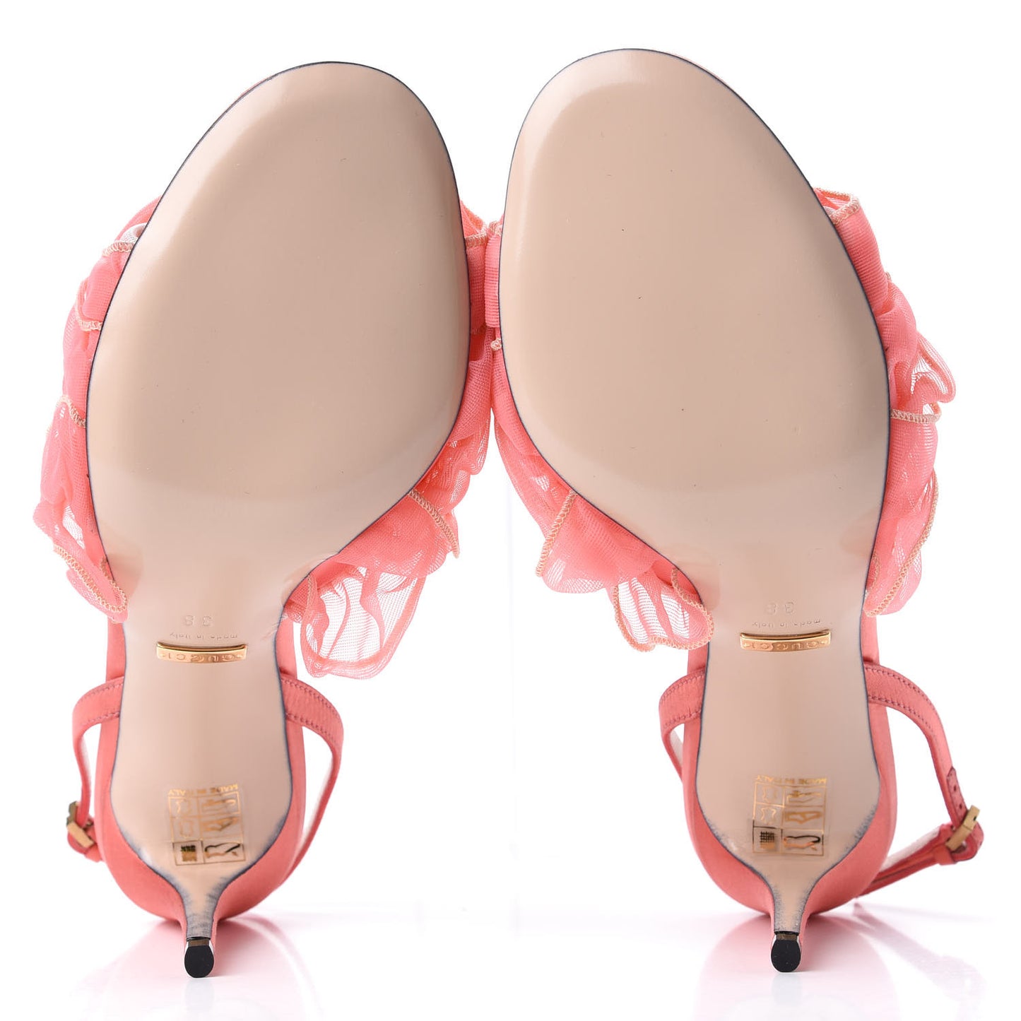 Tulle Ruffle Mid Heel Slingback Sandals 38 Peach White